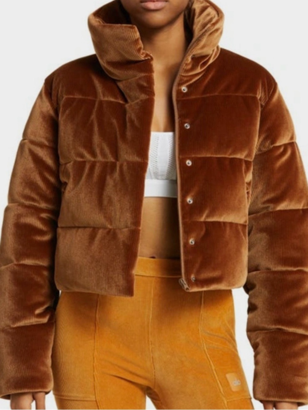 ALO YOGA Ribbed Velour Gold Rush Puffer Jacket in Cinnamon Brown NWT - XS